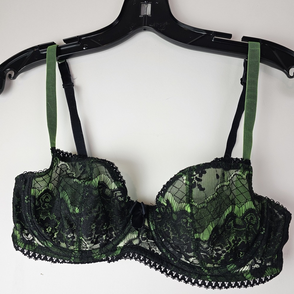 Claudette Bra 36B Sheer Mesh Unlined Underwire Green Black Lace Coquette Bow